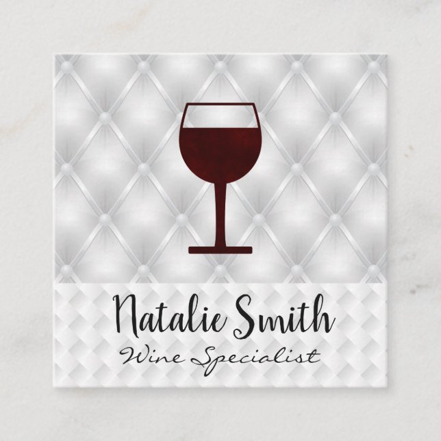 Red Wine Glass Icon | White Weave Upholster Square Business Card (Front)