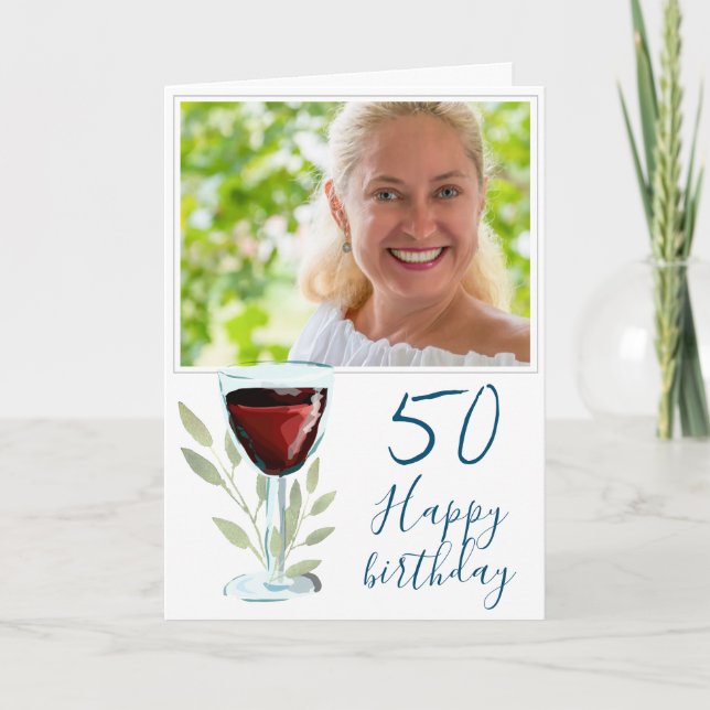 Red Wine Glass Leaves 50th Birthday Photo  Card (Front)
