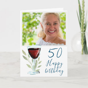 Red Wine Glass Leaves 50th Birthday Photo Card