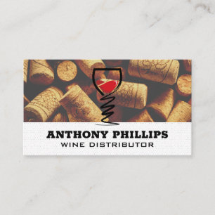 Red Wine Glass Logo Cork Piles Background Business Card