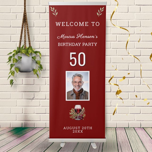 Red Wine Glass Olive 50th Birthday Photo Retractable Banner (Creator Uploaded)