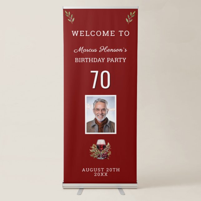Red Wine Glass Olive 70th Birthday Photo Retractable Banner (Front)