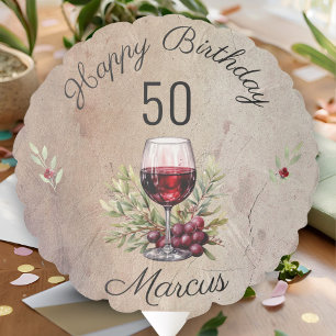Red Wine Glass Olive Watercolor 50th Birthday Balloon
