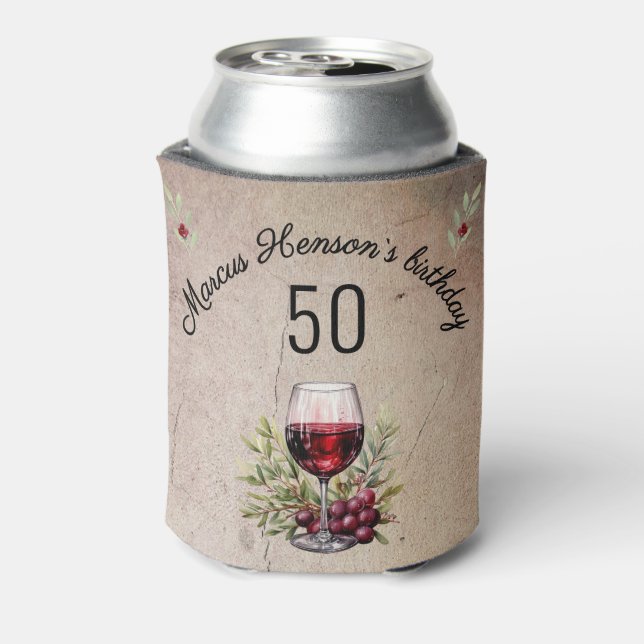Red Wine Glass Olive Watercolor 50th Birthday  Can Cooler (Can Back)