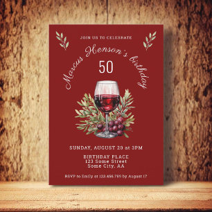Red Wine Glass Olive Watercolor 50th Birthday  Invitation