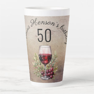 Red Wine Glass Olive Watercolor 50th Birthday Latte Mug
