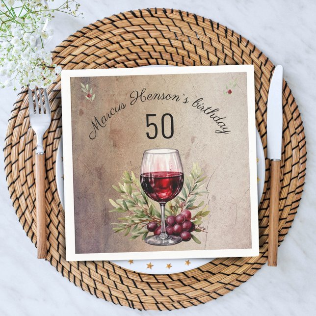 Red Wine Glass Olive Watercolor 50th Birthday  Napkins (Creator Uploaded)