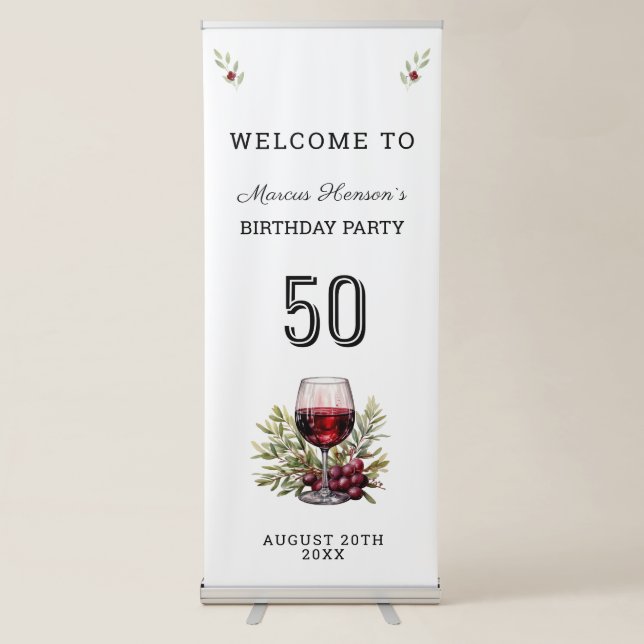 Red Wine Glass Olive Watercolor 50th Birthday  Retractable Banner (Front)