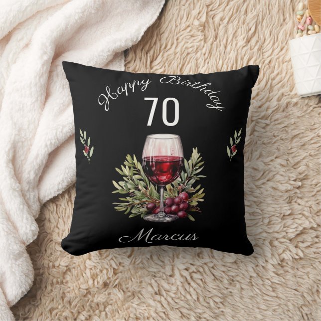 Red Wine Glass Olive Watercolor Birthday Throw Pillow (Blanket)