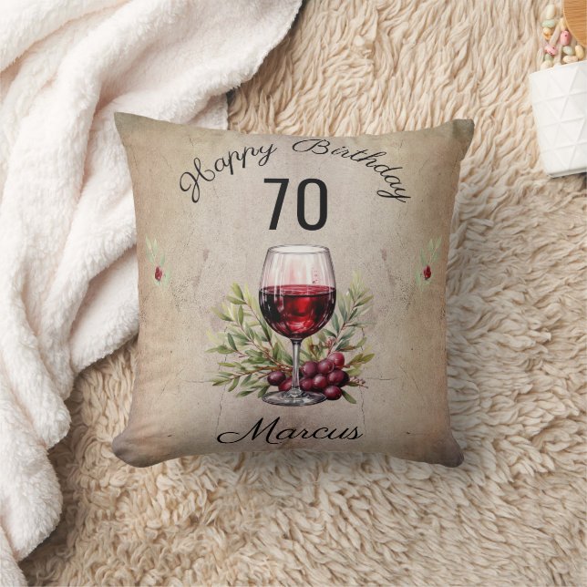 Red Wine Glass Olive Watercolor Birthday Throw Pillow (Blanket)