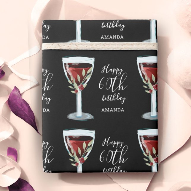 Red Wine Glass Rose Watercolor 60th Birthday Wrapping Paper (Creator Uploaded)