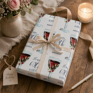 Red Wine Glass Rose Watercolor 60th Birthday Wrapping Paper Sheets
