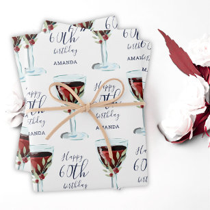 Red Wine Glass Rose Watercolor 60th Birthday Wrapping Paper Sheets