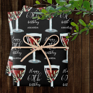 Red Wine Glass Rose Watercolor 60th Birthday Wrapping Paper Sheets