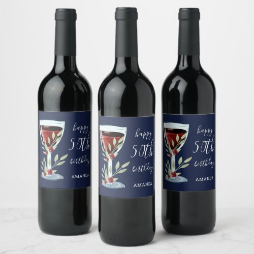 Red Wine Glass Rose Watercolor Blue 50th Birthday Wine Label - Red Wine Glass Rose Watercolor Navy Blue 50th Birthday Square Sticker. The design has watercolor red wine glass, roses and twigs. The text is fully customizable - personalize it with your name and any age. Great for a woman or man's birthday.