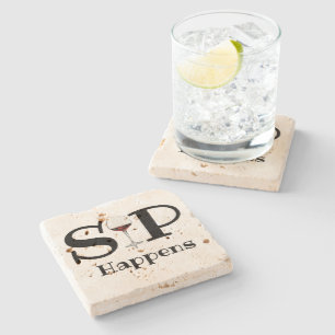 Red Wine Glass, "Sip Happens" funny Stone Coaster