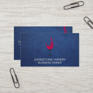 Red Wine Glass Splash Blue Leather Business Card