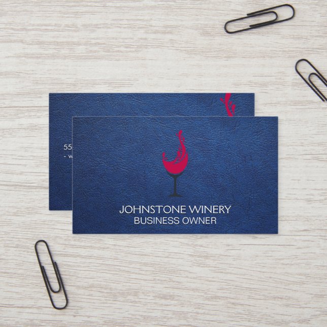 Red Wine Glass Splash | Blue Leather Business Card (Front/Back In Situ)