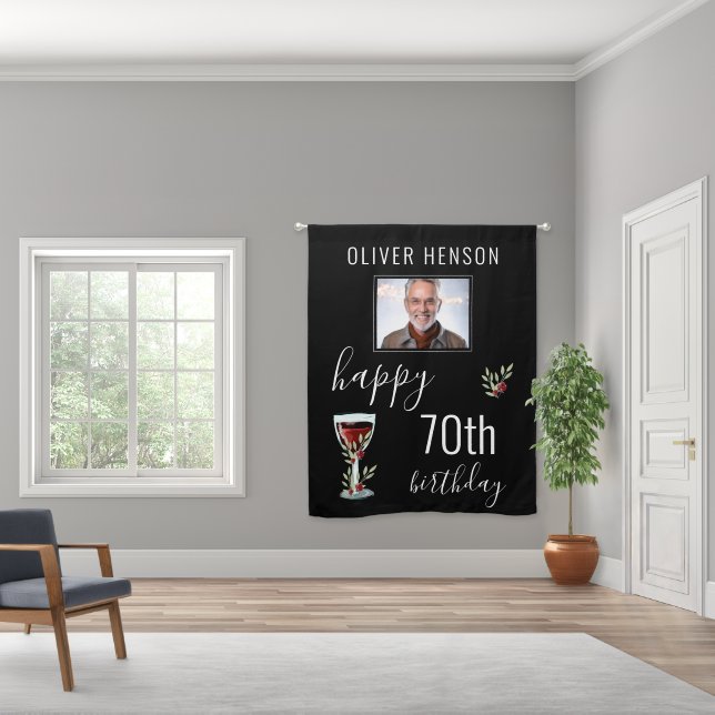 Red Wine Glass Twigs 70th Birthday Photo Blackout Curtains (Wide)