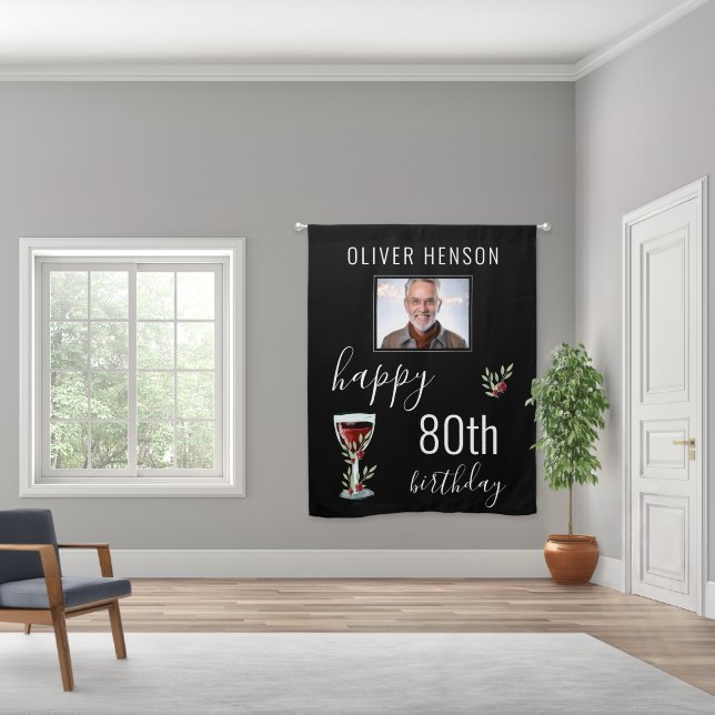 Red Wine Glass Twigs 80th Birthday Photo Blackout Curtains (Wide)