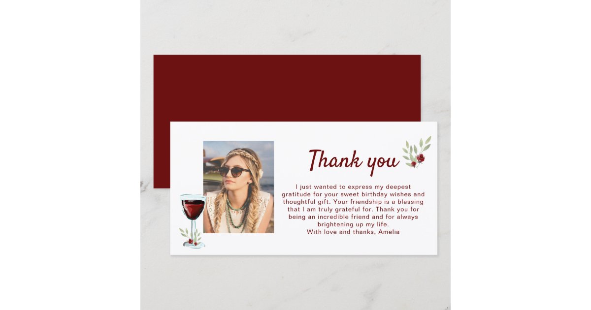 Red Wine Glass Twigs Photo Birthday Thank You Card | Zazzle