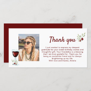 Red Wine Glass Twigs Photo Birthday Thank You Card