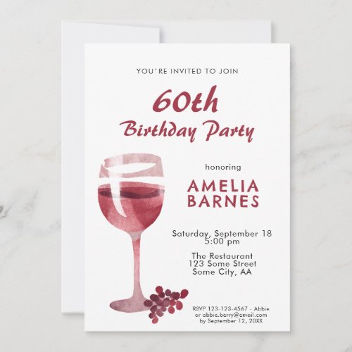 Red Wine Glass Watercolor 60th Birthday Party Invitation