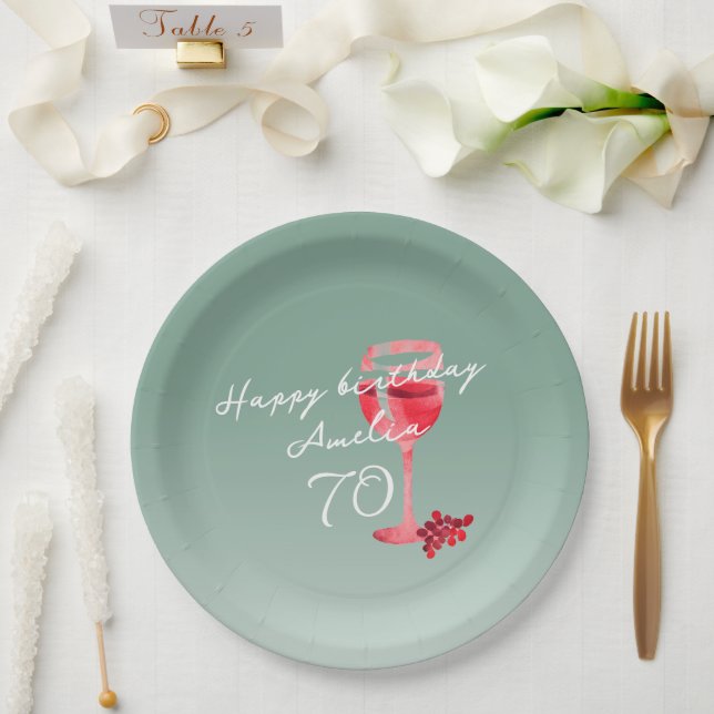 Red Wine Glass Watercolor 70th Birthday Party  Paper Plates (Wedding)