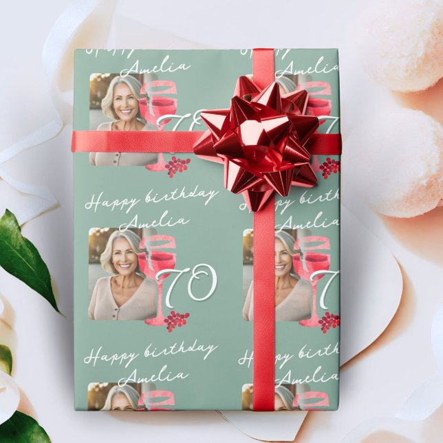 Red Wine Glass Watercolor Birthday Party Photo Wrapping Paper (Creator Uploaded)