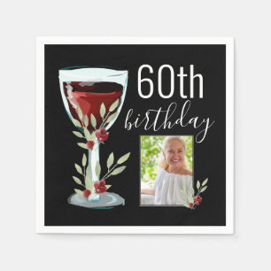 Red Wine Glass Watercolor Photo 60th Birthday Napkins