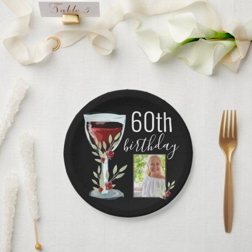 Red Wine Glass Watercolor Photo 60th Birthday  Paper Plates