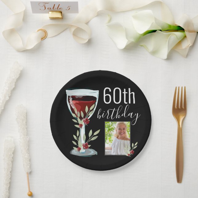 Red Wine Glass Watercolor Photo 60th Birthday  Paper Plates (Wedding)