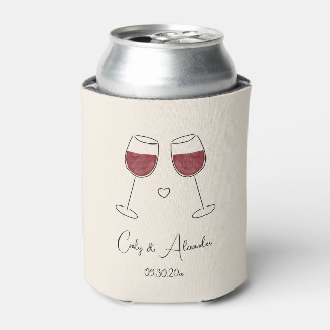 Red Wine Glass Wedding Engagement Anniversary Can Cooler (Can Front)