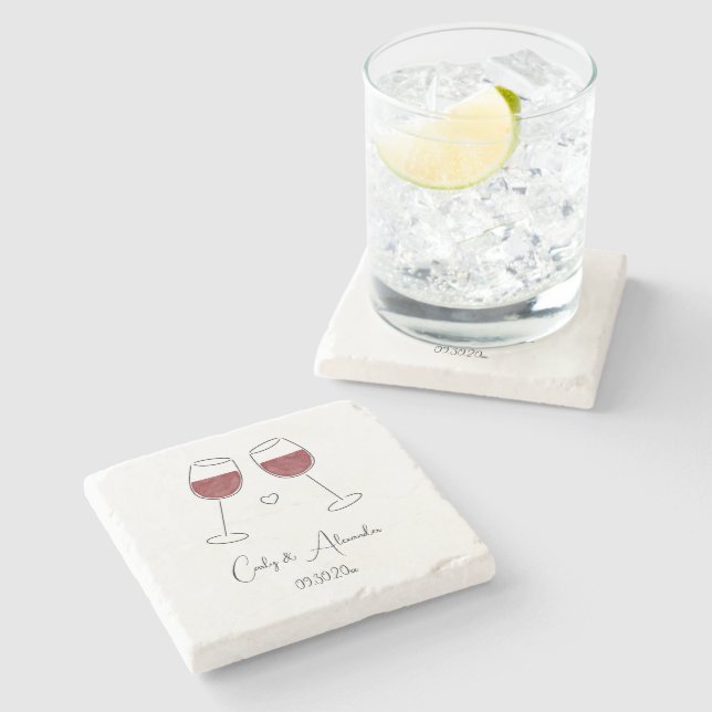 Red Wine Glass Wedding Engagement Favor Stone Coaster (Side)