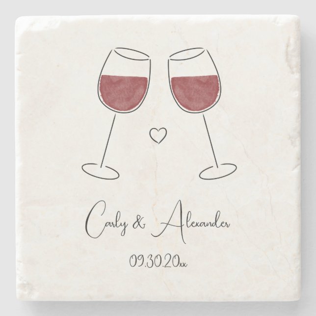 Red Wine Glass Wedding Engagement Favor Stone Coaster (Front)