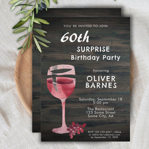 Red Wine Glass Wood 60th Birthday Surprise Party Invitation