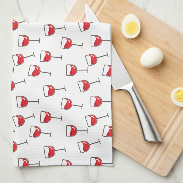 Red Wine Glasses Pattern on White Kitchen Towel (Quarter Fold)