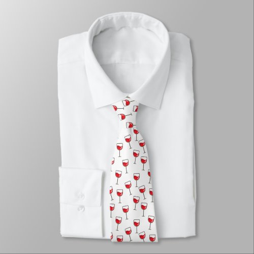 Red Wine Glasses Pattern on White Neck Tie