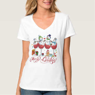 Red Wine Glasses with Snow Men Funny Christmas  T-Shirt