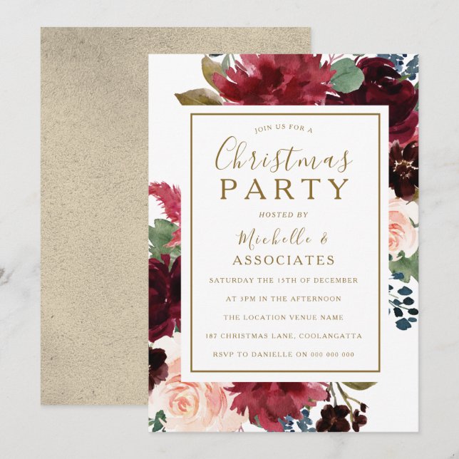 Red Wine & Gold Floral Frame Christmas Party Invitation (Front/Back)