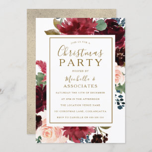 Red Wine & Gold Floral Frame Christmas Party Invitation