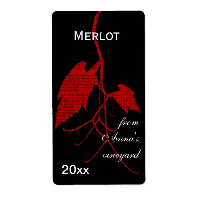 Red wine grape leaf with print label (Front)