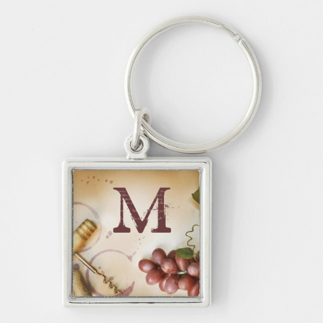 Red Wine Grapes Cork Screw Bottle Glass Key Chain (Front)