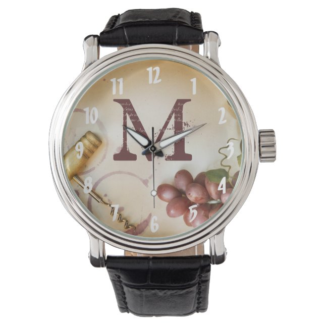 Red Wine Grapes Cork Screw Bottle Glass Watch (Front)
