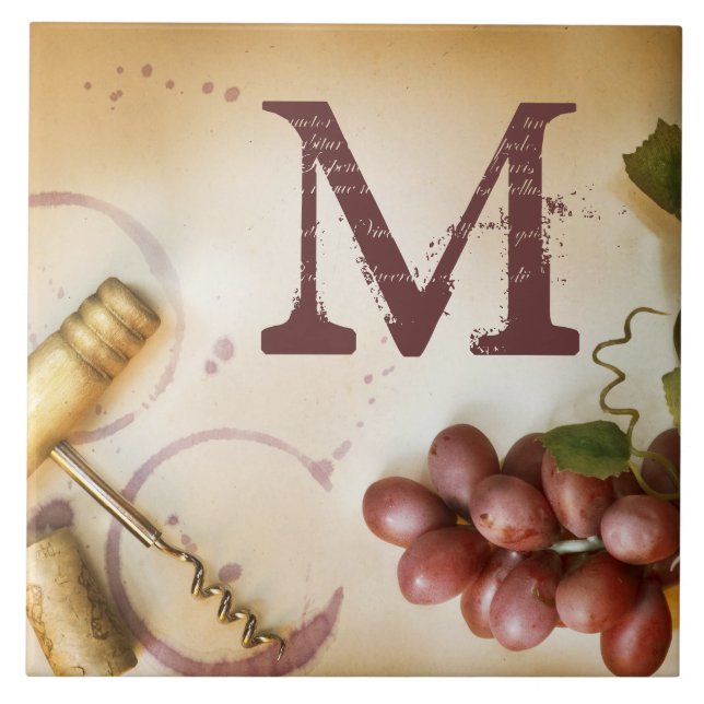 Red Wine Grapes Cork Screw Monogram Display Tile (Front)