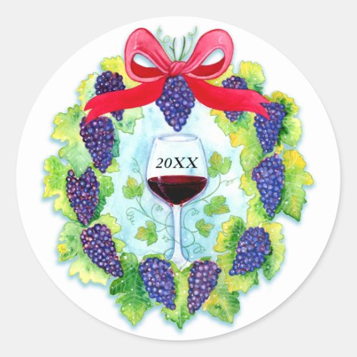 Red Wine Grapes Holiday Wreath with Wine Glass Classic Round Sticker