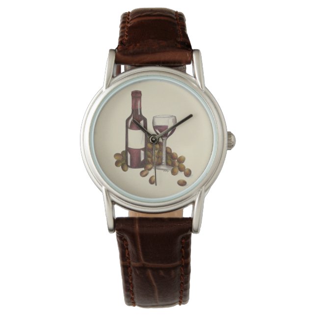 Red Wine Merlot Tasting Glass Bottle Grapes Watch (Front)