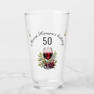 Red Wine Olive Watercolor 50th Birthday Glass