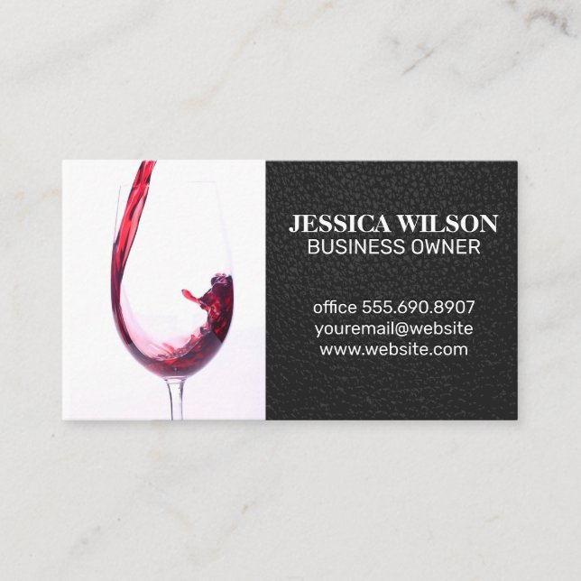 Red Wine Pour in Glass | Elegant Black Leather Business Card (Front)