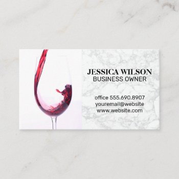 Red Wine Pour In Glass | White Marble Business Card by lovely_businesscards at Zazzle
